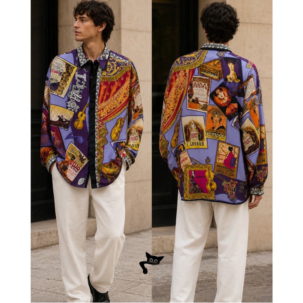 Gianni Versace Men's XL Purple Teatro Silk Shirt - Picture 4 of 15